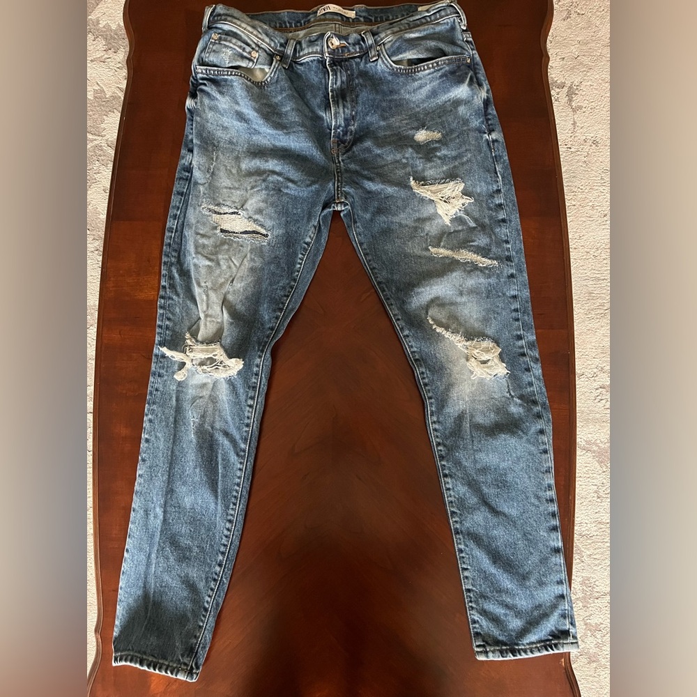 Zara Men's Ripped Denim Jeans - Blue